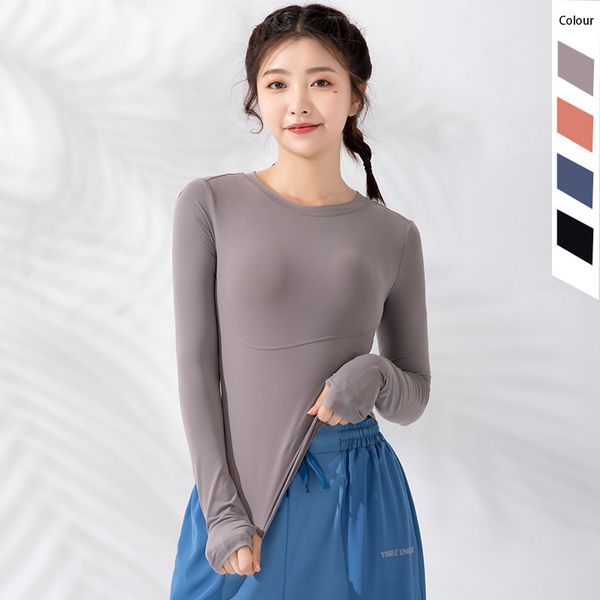 

fitness suit women's long sleeve sportswear running t-shirt net red navel yoga top, Gray