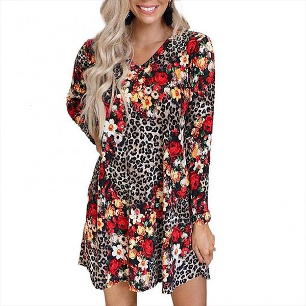 

50%fashion loose floral leopard womens dress printed long sleeve party patchwork, Black;gray