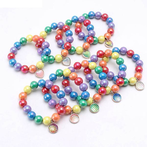 

girls bracelet jewelry childrens accessories rainbow beads cute alloy fish scale pendant b7922, Red;brown