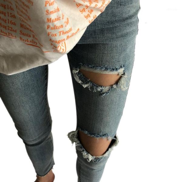 

women's jeans ripped for women slim pencil pants vintage high waist holes ankle length denim skinny capris trousers, Blue