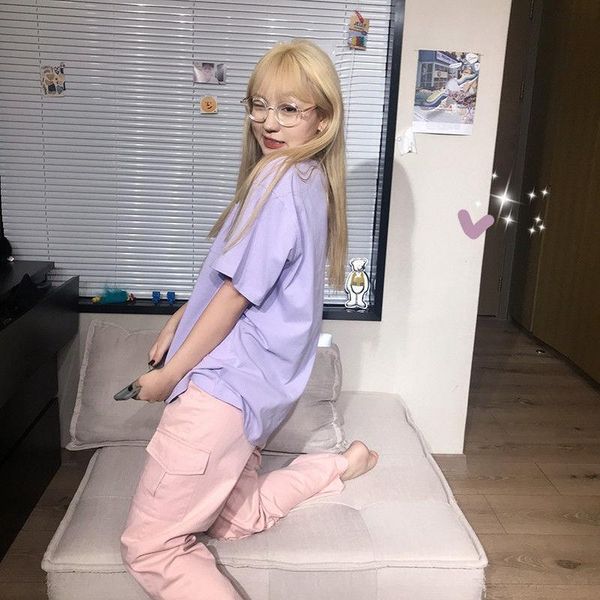 

pink cargo high waist wide womens capri solid straight palazzo harajuku fashion trousers pockets, Black;white