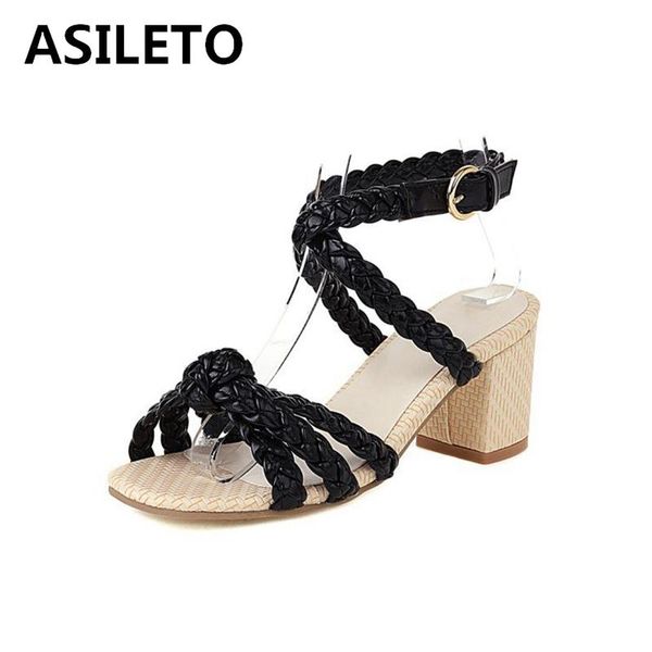

sandals asileto women 2021 high heel pu leisure buckle strap white block 6cm heels spring autumn plus size 33-43 a3960, Black