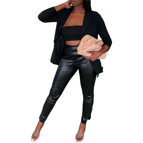 

fashion women casual pu leather trousers skinny pants, black solid color high waist split women's pants & capris, Black;white