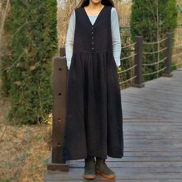 

johnature women vintage jacquard dresses sleeveless v-neck thick cotton linen autumn winter solid color women vest dresses 210521, Black;gray