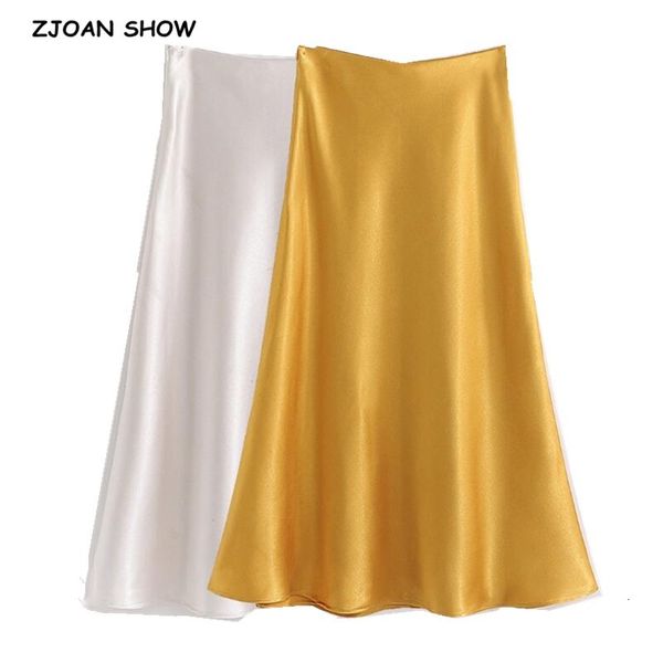 

casual dresses 2021 retro high waist bright satin skirt spring summer women elastic mid long a-line skirts femme yellow white usdp, Black;gray
