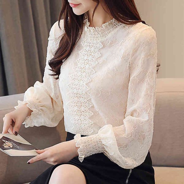 

spring women shirt female lace see through long-sleeved stand collar korean loose blusa 805j 210420, White