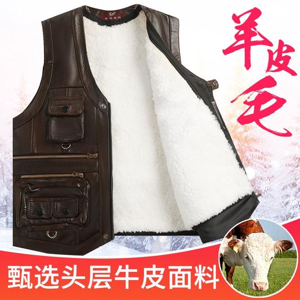 

autumn and winter genuine leather vest men's fur integrated thickened black sheepskin vests, Black;white