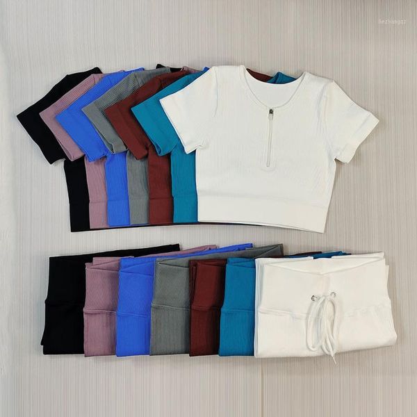 

yoga outfit seamless set women workout wear gym clothes fitness short sleeve crop shirt high waist leggings pants sports suits