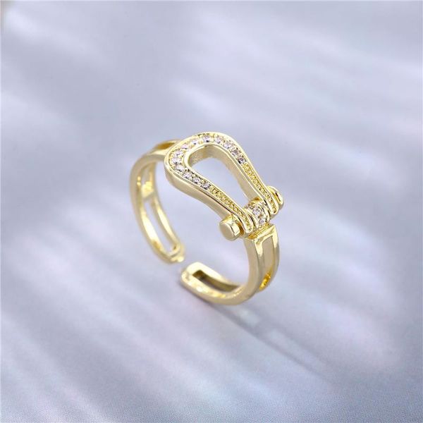 

cluster rings yjgs fashion letter u ring micro-inlaid rhinestone hollow geometric round ladies jewelry party gift, Golden;silver