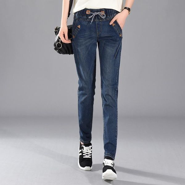 

women's jeans elastic waist long casual dark blue light denim trousers