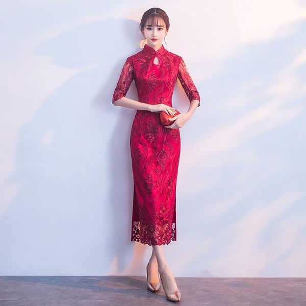 

summer bride wedding party straight chinese dresses elegant slim embroidery flower qipao women satin long skirt gown vestidos ethnic clothin, Red