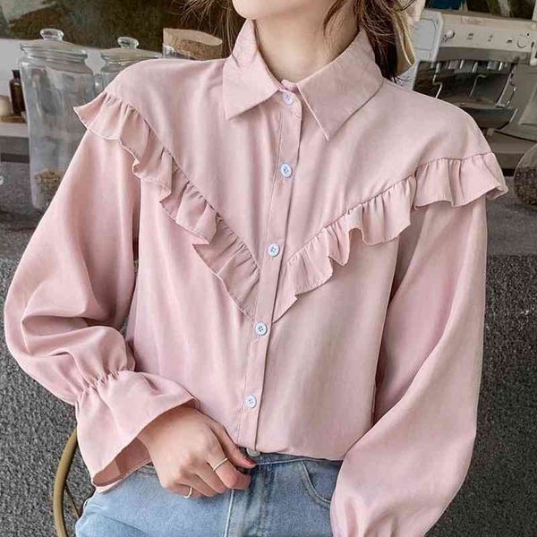 

long sleeve ruffles chiffon blouse shirt women blouse women blusas mujer de moda turn down collar women blouses e381 210602, White