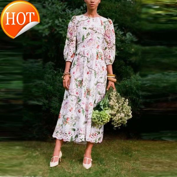 

high end women's dress 2021 spring and summer fashion round neck lantern sleeve cotton print medium long swing casual dresses, Black;gray