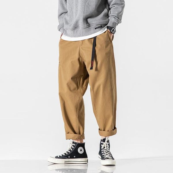 

male loose harem ankle length cargo pant men japan streetwear fashion elastic waist belt casual men's pants, Black