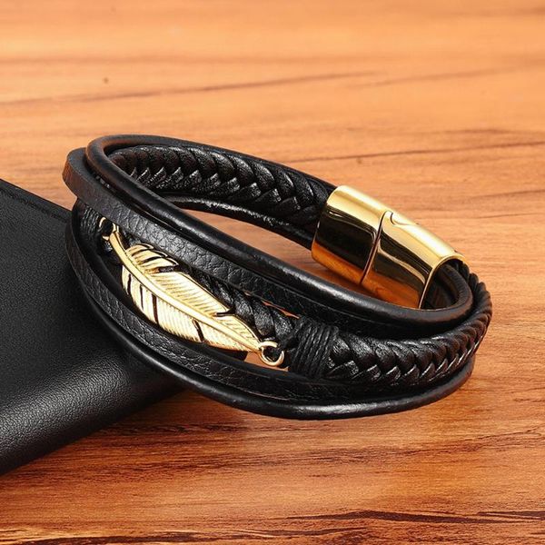 

charm bracelets multi-layer leather feather shape accessories men's bracelet stainless steel for special birthday present, Golden;silver