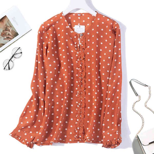 

coat women's 100% pure silk shirt blouse ruffles buttons round neck orange dots  l xl jn079, Tan;black