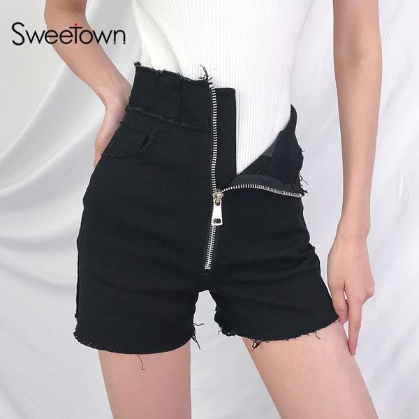 

black denim shorts women streetwear korean street style high waist short feminino pockets zipper chic summer women's, White;black