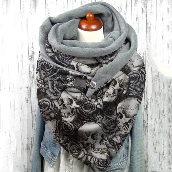 

scarves funny skull womens scarf halloween printed button soft wrap autumn winter casual warm cotton shawls bufanda mujer a40, Blue;gray