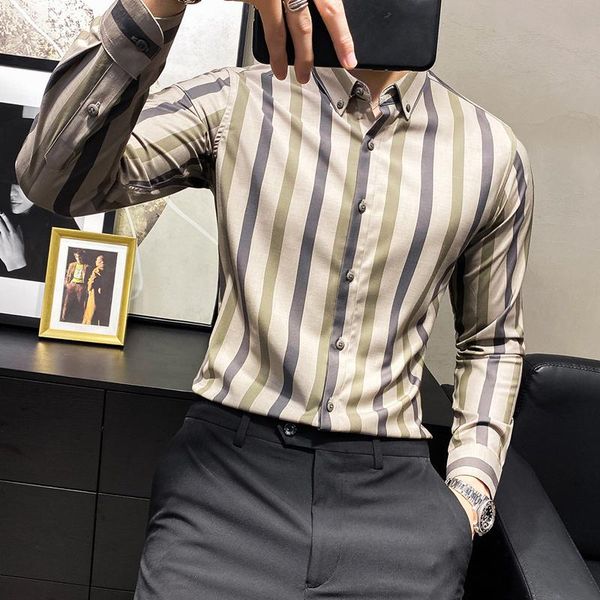 

men khaki striped shirts formal business dress shirt slim fit casual long sleeve streetwear social camisas para hombre v623 men's, White;black