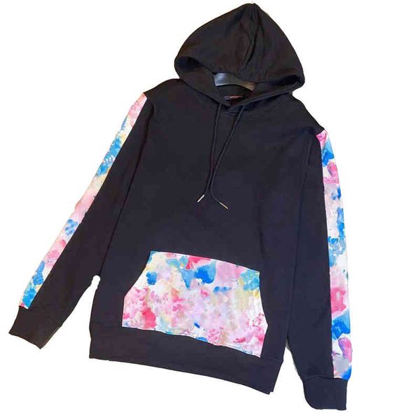 

designer render colosr print patchwork contrast color men's hoodies trefoil large pocket multi element hoodie large s, Black