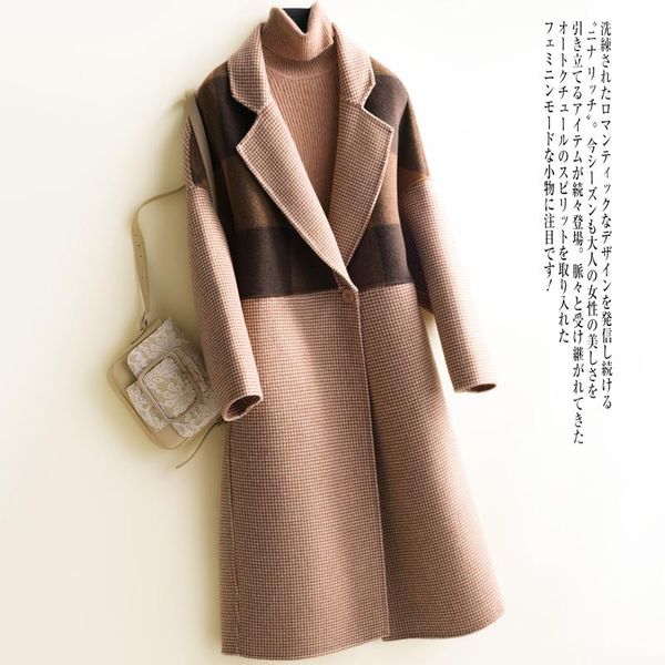 

women's wool & blends 2021 autumn winter long coat women fashion outerwear double sided plaid cashmere jacket female, Black