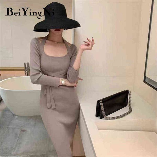 

beiyingni autumn winter midi long bodycon dress for woman thick warm fashion sashes korean casual slim black dresses vestidos y1204, Black;gray