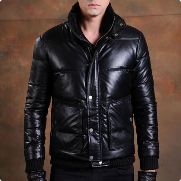 

men's leather & faux retro sheepskin 100% real short jackets duck down male coat stand collar motorcycle blouson cuir homme, Black