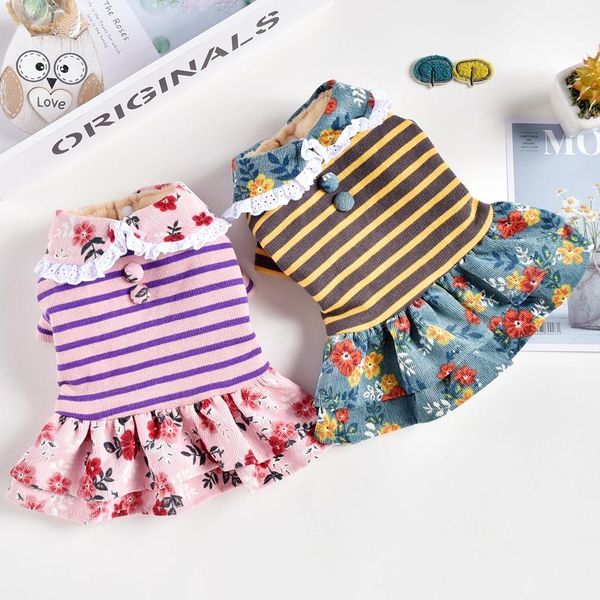 

dog apparel vintage floral print cute clothing for girls female pet dresses pink green winter warm stripe coat with skirt shih tzu goods