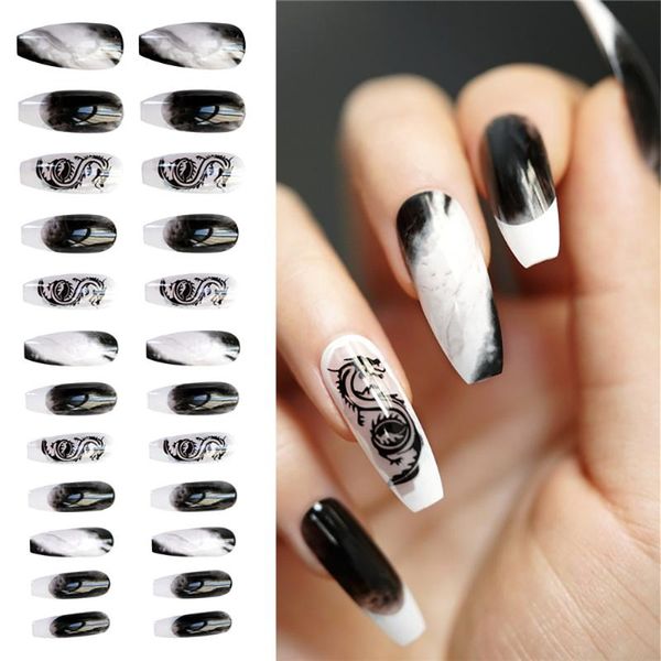 

false nails 24pcs/set punk style black white color fake dragon pattern long coffin shaped art tips with glue manicure, Red;gold