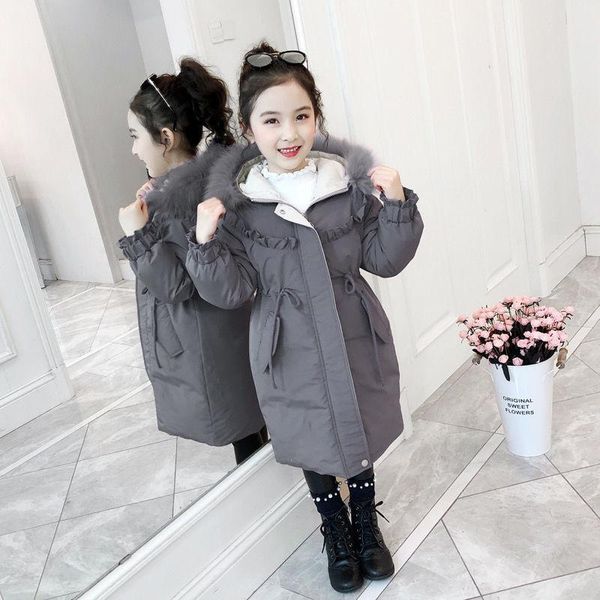 

down coat teenage girls thick warm jacket velvet lining ziped long outerwear children parka fur hooded kids solid color snowsuit, Blue;gray