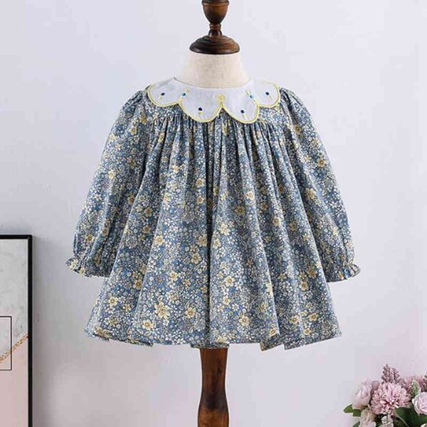 

spring turn-down collar baby girls long sleeve printing dresses kids girl princess clothing party 210429, Blue