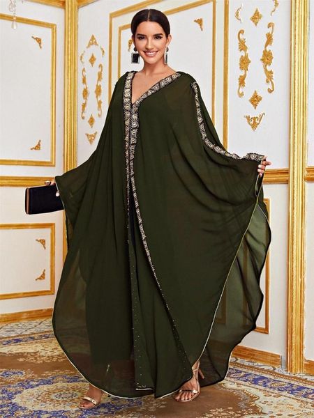 

ethnic clothing long muslim latest elegant bat sleeved peignoir female dress rivet beading cloak dubai islamic turkey abaya, Red