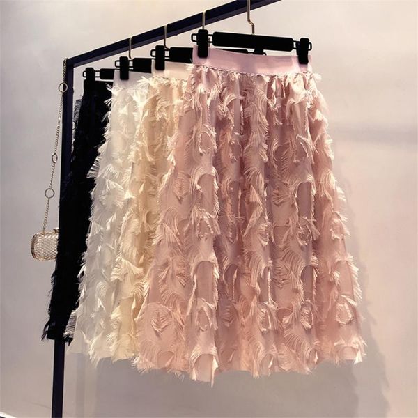 

skirts big size autumn vintage women pink tassel sweety girl elastic waist chiffon skirt midi long lady a-line femme wz672, Black