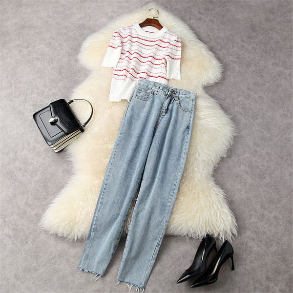 

women's two piece pants high street fashion casual summer two female outfits striped with upper mesh and trousers suit jeans mr47, White