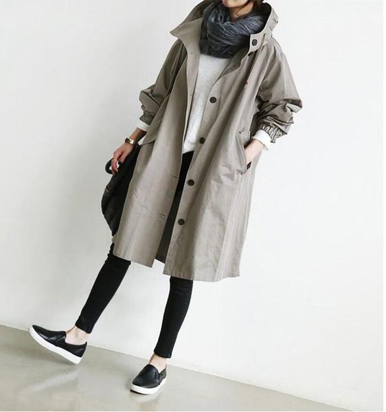 

men's trench coats 2021 women autumn solid color pocket hooded windbreaker long coat outerwear women's clothing, Tan;black