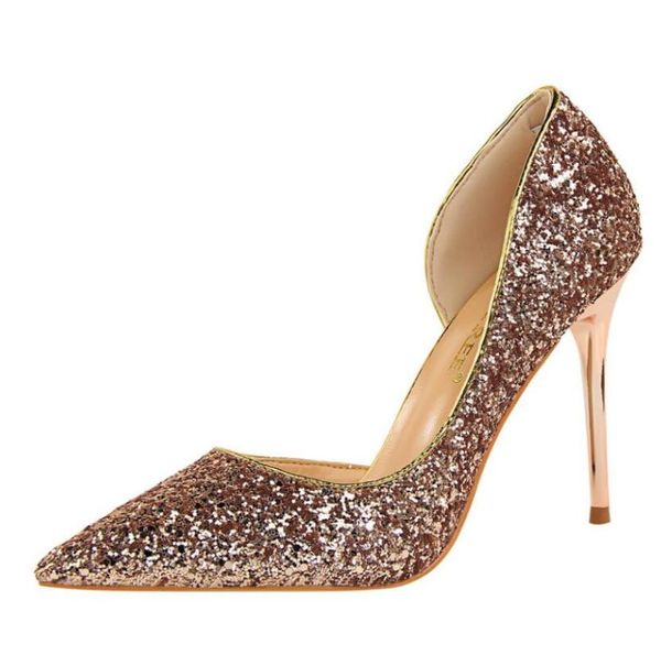 

dress shoes women's european and american style nightclub slim high heels pointed toe side hollow sequin, Black