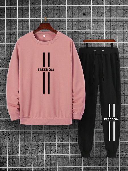 

men letter graphic pullover & drawstring waist sweatpants k8or#, Gray