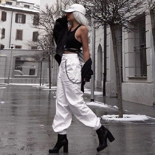 

summer women joggers high waist cargo chain pants casual loose solid white beam feet korean style pockets safari trousers 210517, Black;white