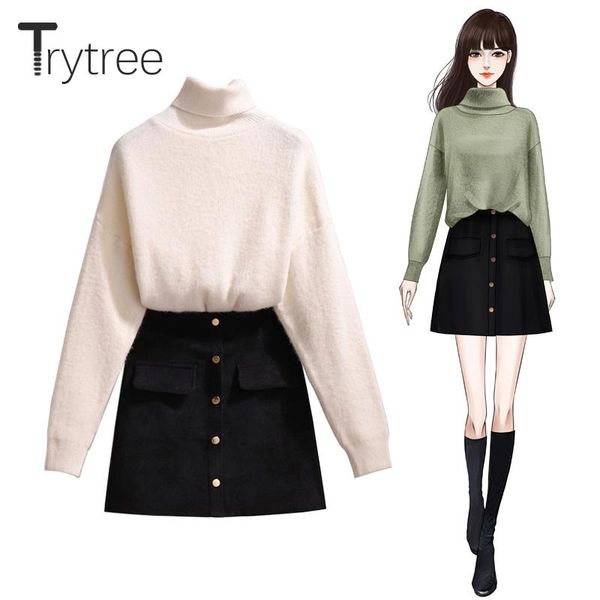 

two piece dress trytree 2021 autumn winter set casual turtleneck knitting solid sweater + skirt button mini a-line 2, White