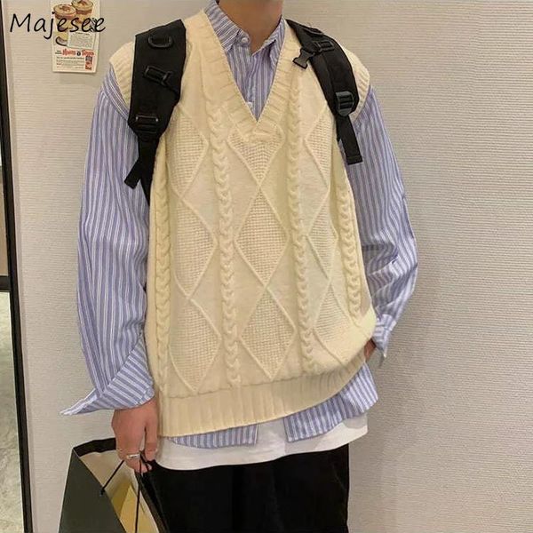 

men's vests men solid sweater retro soft leisure fashion loose couple teenagers v-neck korean style knitwear males daily est, Black;white