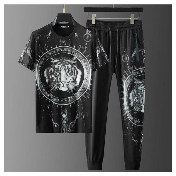 

jogging clothing summer men's 2 piece 3d tiger diamond t-shirt + pants trend suit plus size, Black;red