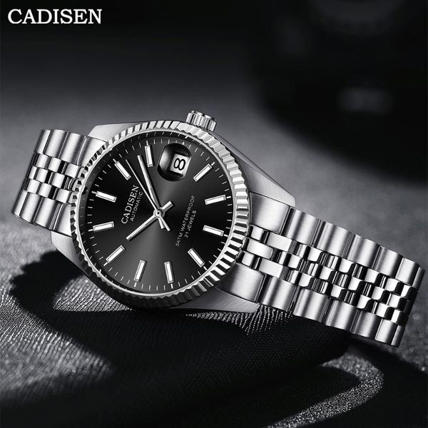 

wristwatches cadisen brand men automatic watch luxury sapphire mechanical 50m waterproof auto date stainless steel male wrist, Slivery;brown
