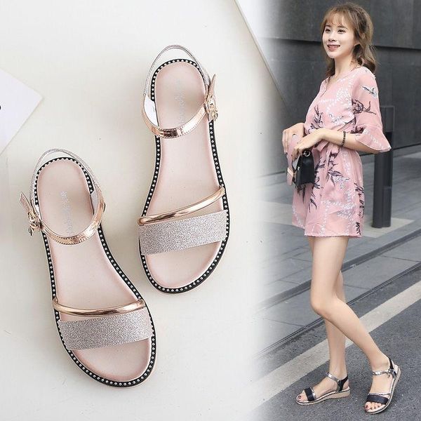 

summer korean version of the simple open toe flat casual sandals, Black