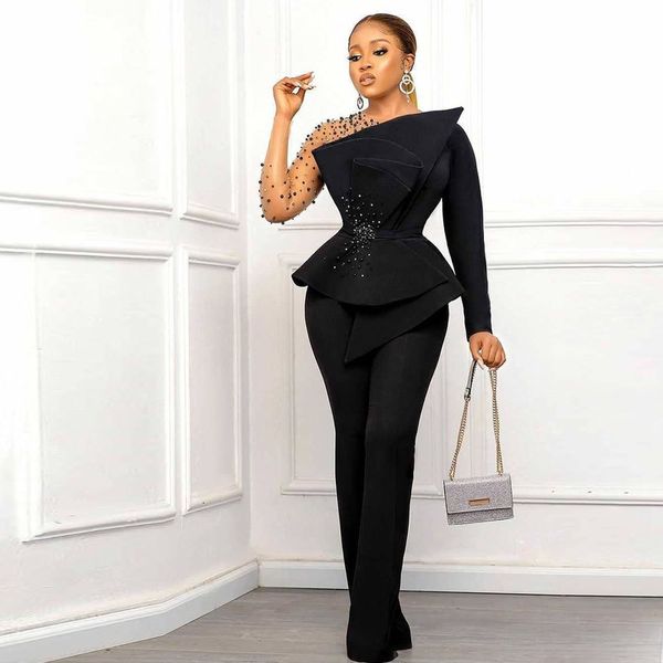 Schwarzer Overall, Ballkleid, Perlenhose, Abendpartykleid mit langärmeligem, plissiertem, knöchellangem Satin-Outfit für Damen