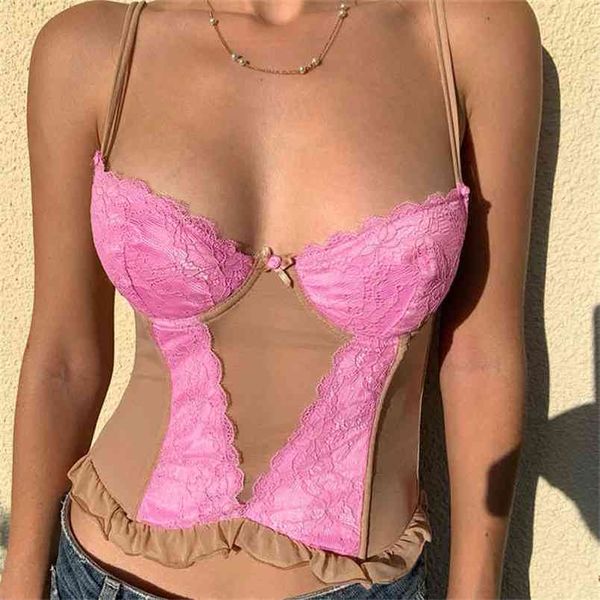 

vintage lace patchwork y2k summer corset with thin strap backless fashion new trend bow sleeveless crop cami club 210407, White