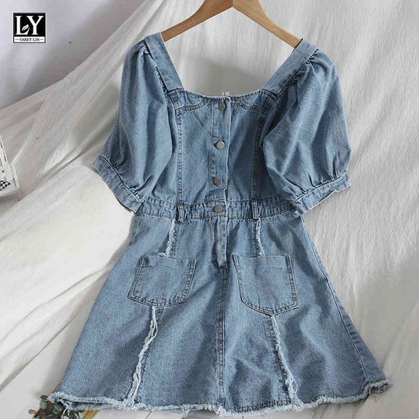 

dresses new summer women sweet button pocket high waist denim casual puff sleeve square collar a-line dresses, Black;gray