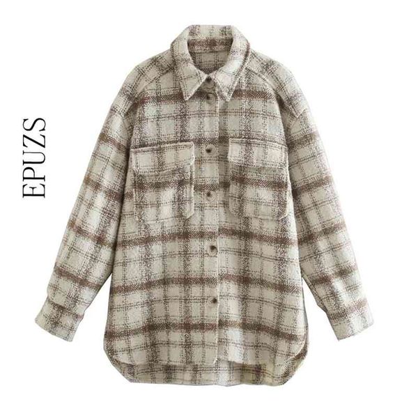 

women plaid jacket vintage casual thick tweed winter warm button long sleeve outwear female shirt 210521, Black;brown