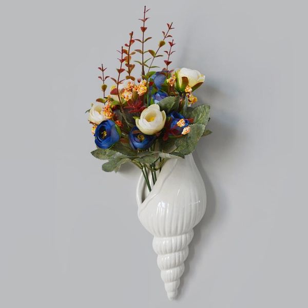 

modern white ceramic sea shell conch flower vase wall hanging home decor living room background decorated style 3 vases
