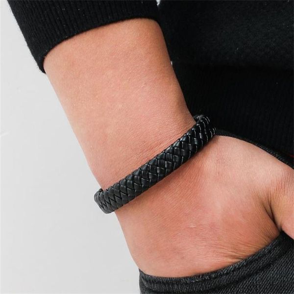 

charm bracelets vintage punk men jewelry black braided leather bracelet stainless steel magnetic clasp fashion bangles wrap, Golden;silver