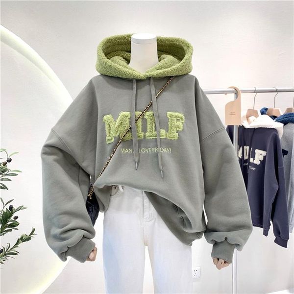 

women's hoodies & sweatshirts letter splicing lamb hair plus cashmere bf hooded sweatshirt korean loose lazy wind winter clothes oversi, Black